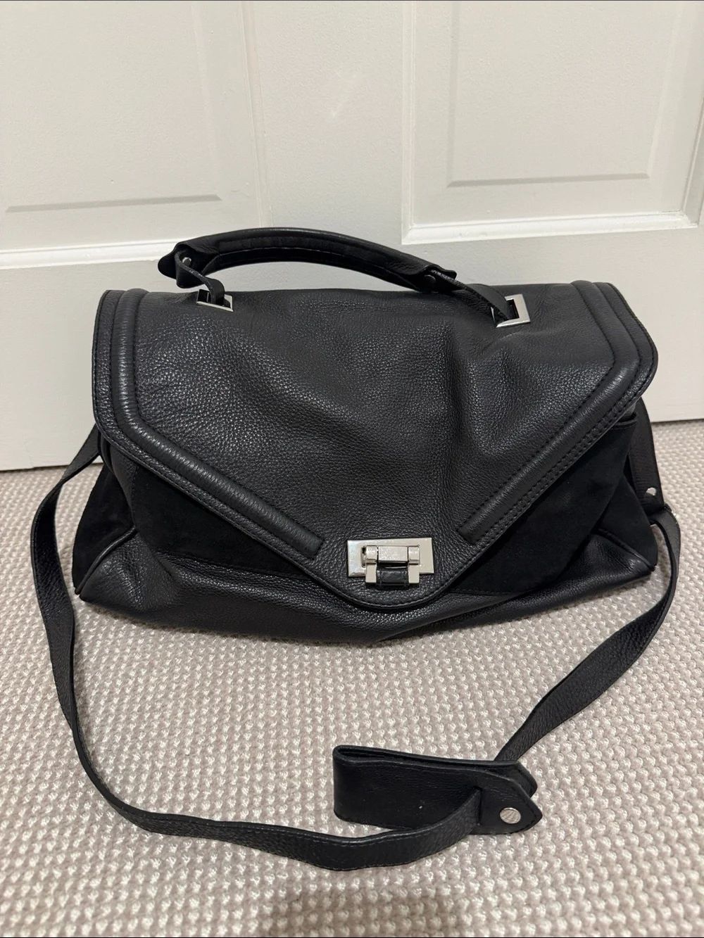 Sandro Black Leather Tote with Silver Zipper Details